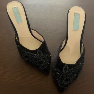 Betsey Johnson Velvet and Bead Embroidered Kitten Heels